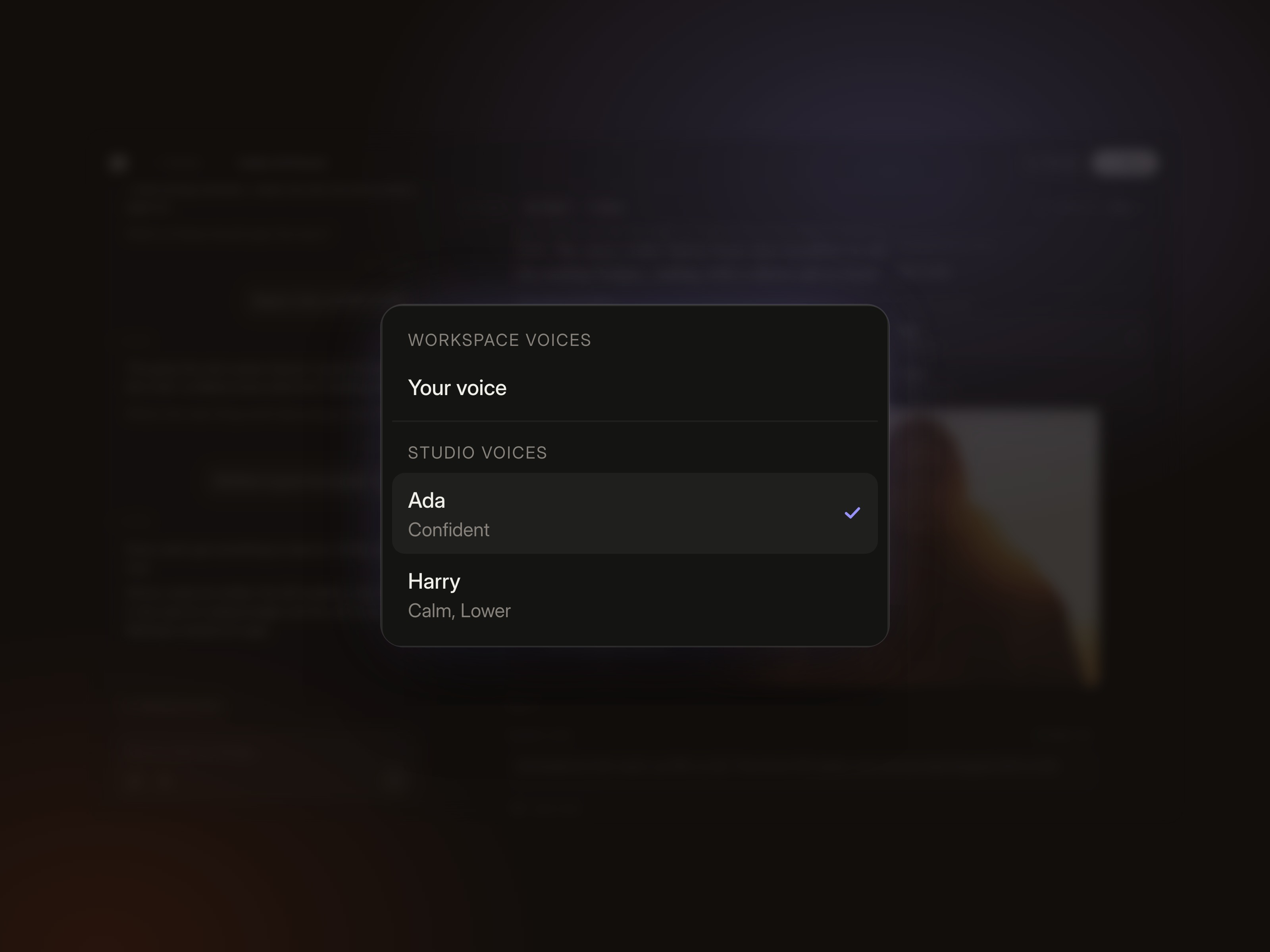 The narrator menu: your voice, or studio voices Ada and Harry